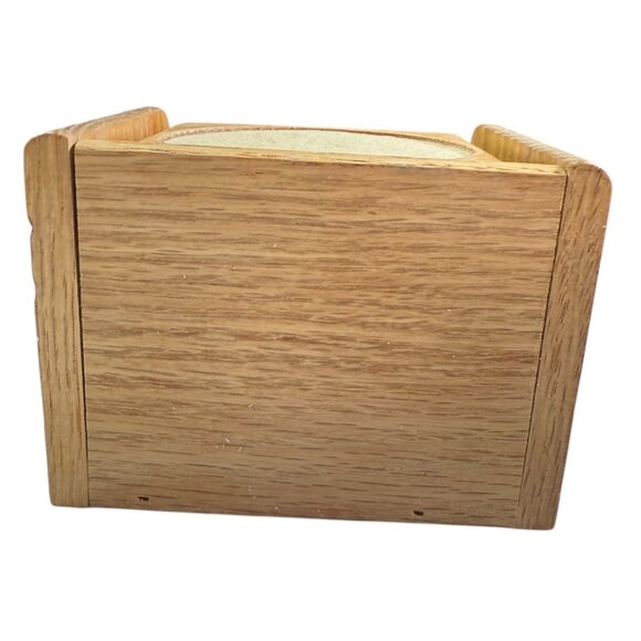 Set Of 6 Wooden Coasters With Cork Insert Matching Holder Vintage 80s Golden Oak - Picture 11 of 12